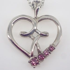 October Birthstones Heart & Cross Silver Pendant Necklace CAMCO Pink Rhinestone